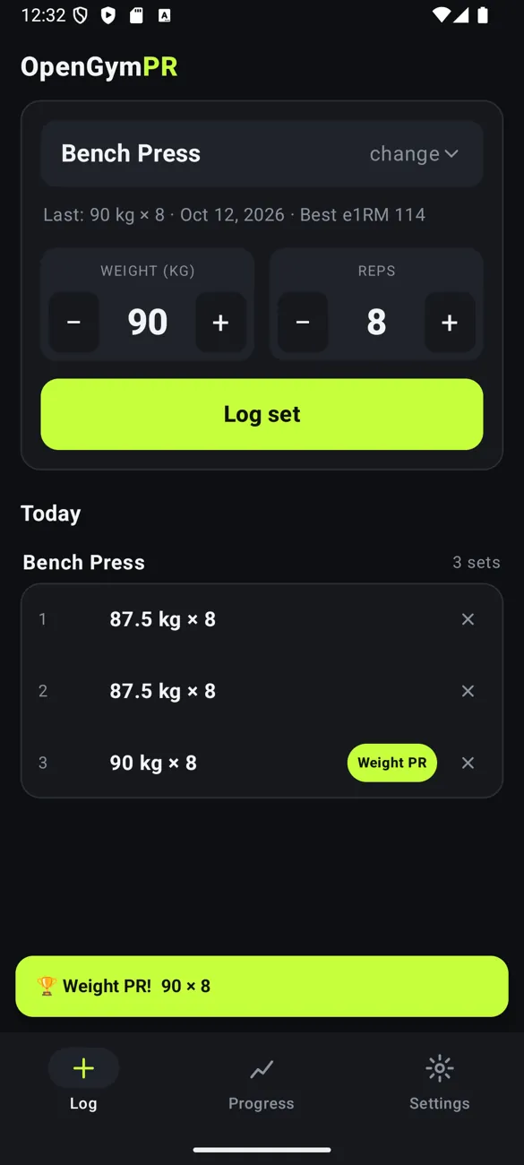 OpenGym log screen with sets and weights